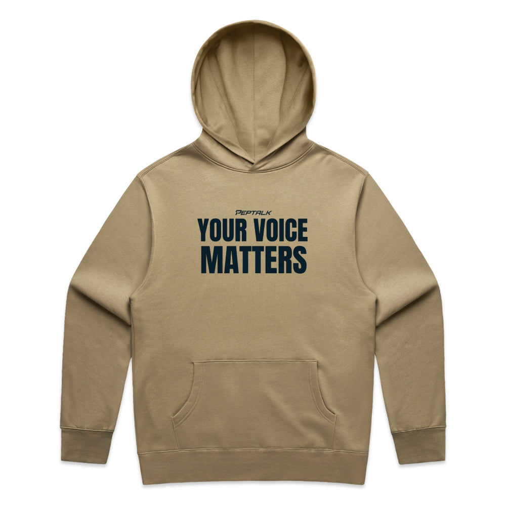 Sand colour men's hoodie with "Your Voice Matters" design on white background