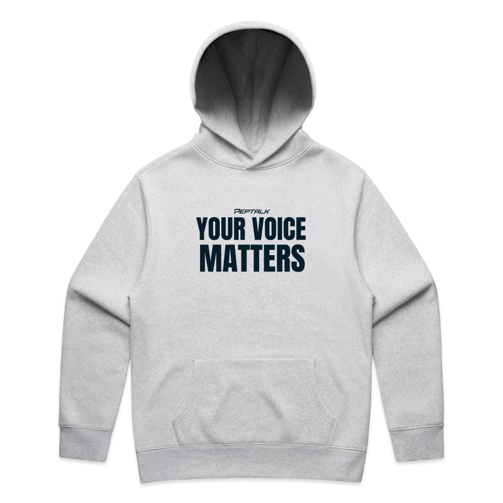 White marle men's hoodie with "Your Voice Matters" design on white background