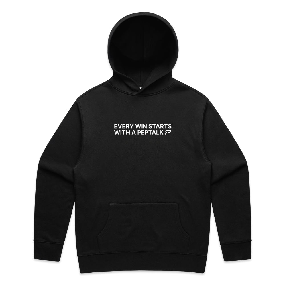 Black men's hoodie with "Every Win Starts With A PepTalk" design on white background