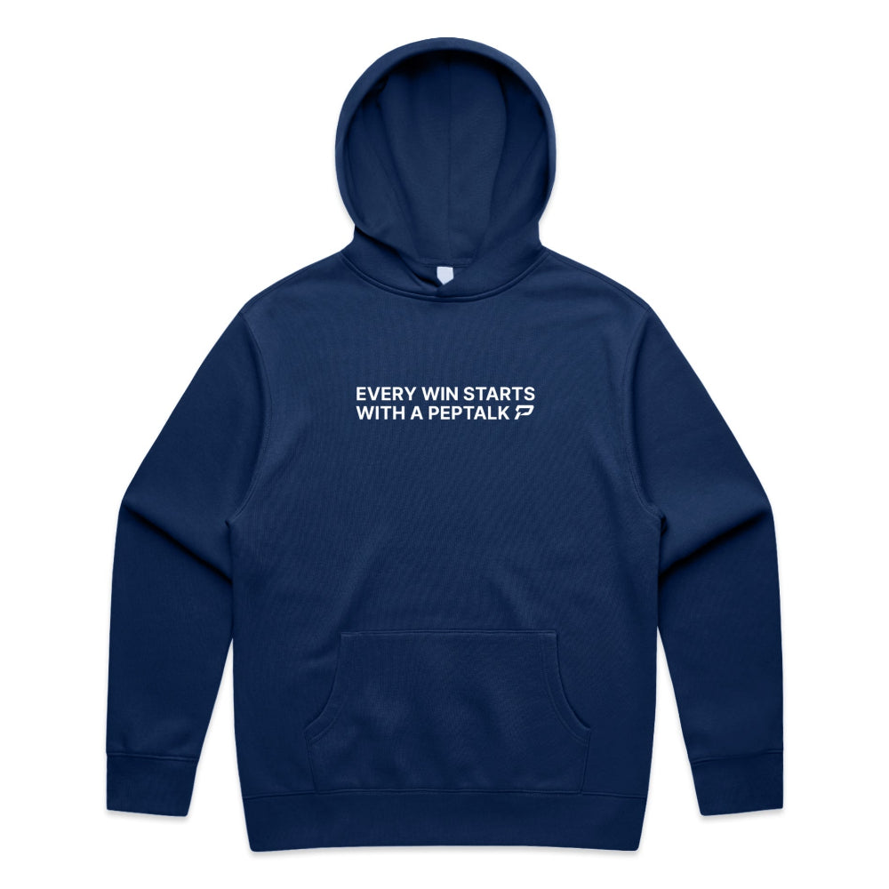 Cobalt colour men's hoodie with "Every Win Starts With A PepTalk" design on white background