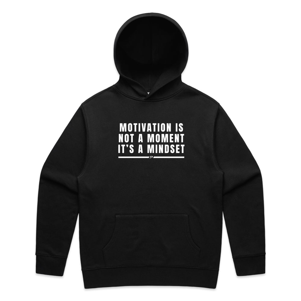 Black men's hoodie with "Motivation Is Not A Moment It's A Mindset" design on white background