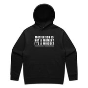 Black men's hoodie with "Motivation Is Not A Moment It's A Mindset" design on white background