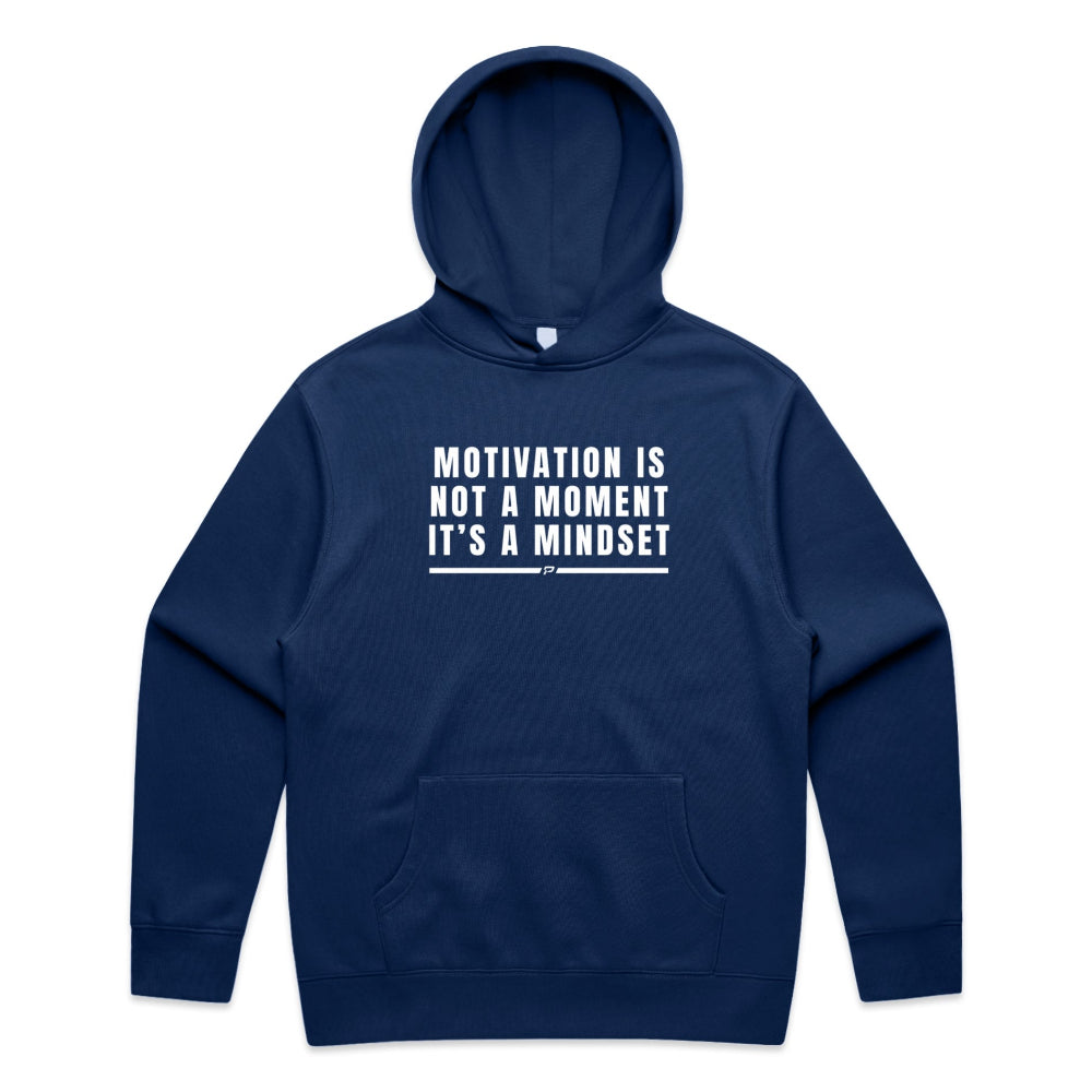 Cobalt colour men's hoodie with "Motivation Is Not A Moment It's A Mindset" design on white background