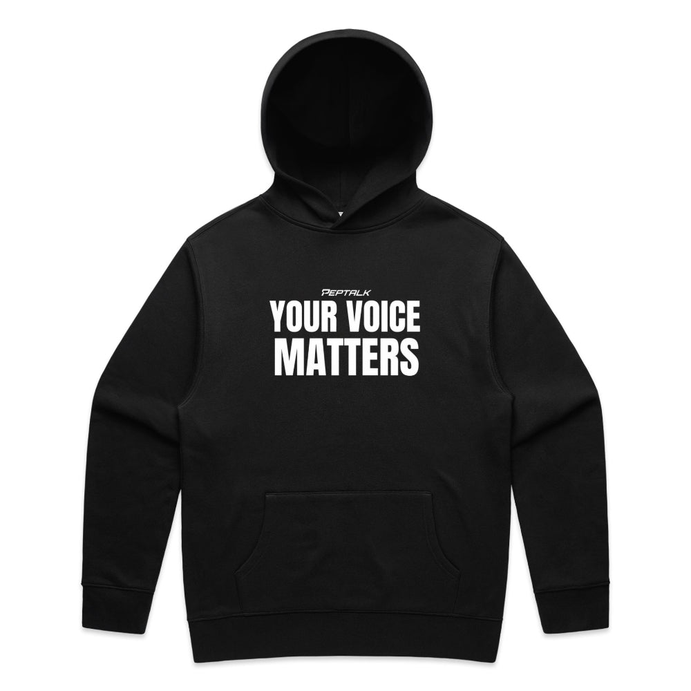 Black men's hoodie with "Your Voice Matters" design on white background