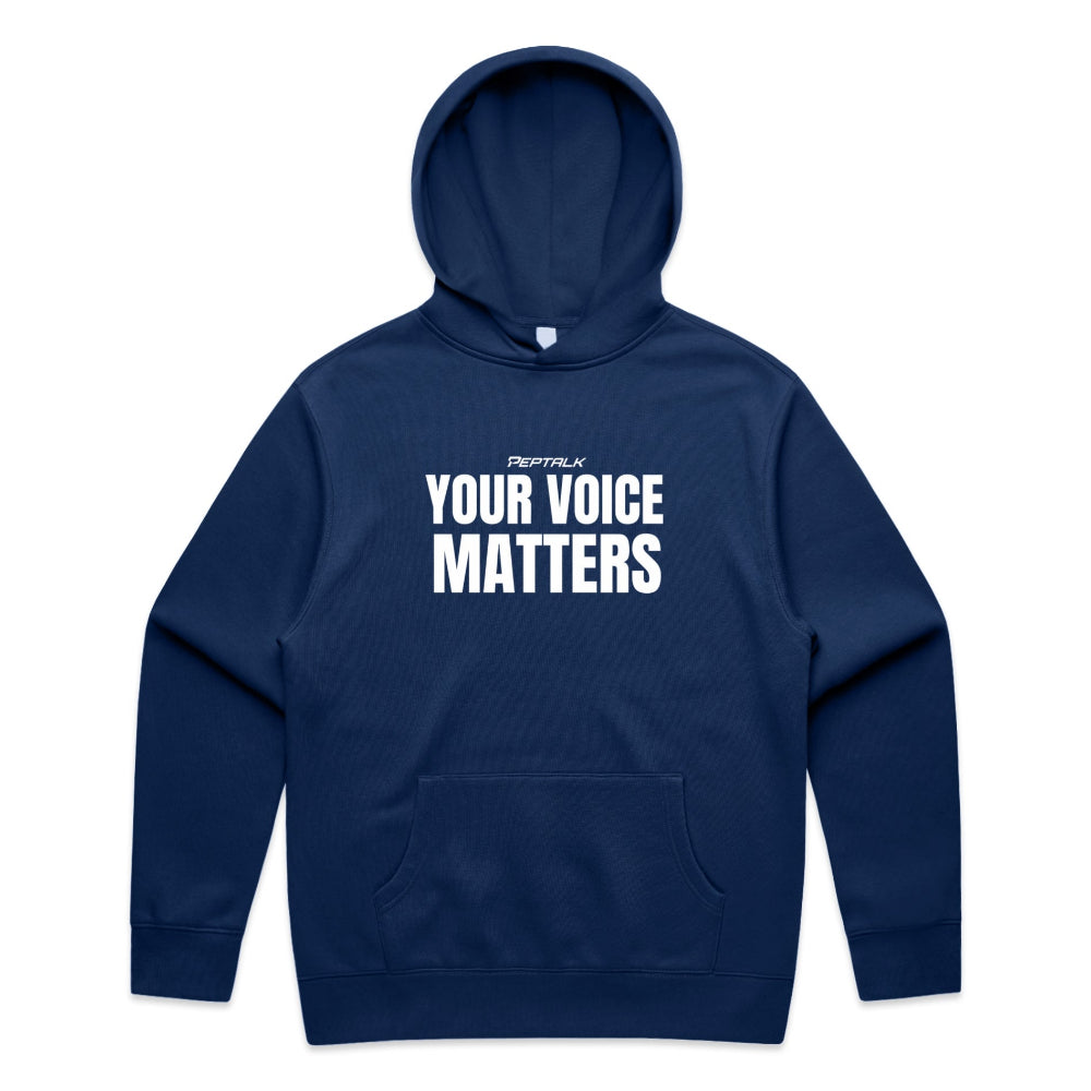 Cobalt colour men's hoodie with "Your Voice Matters" design on white background