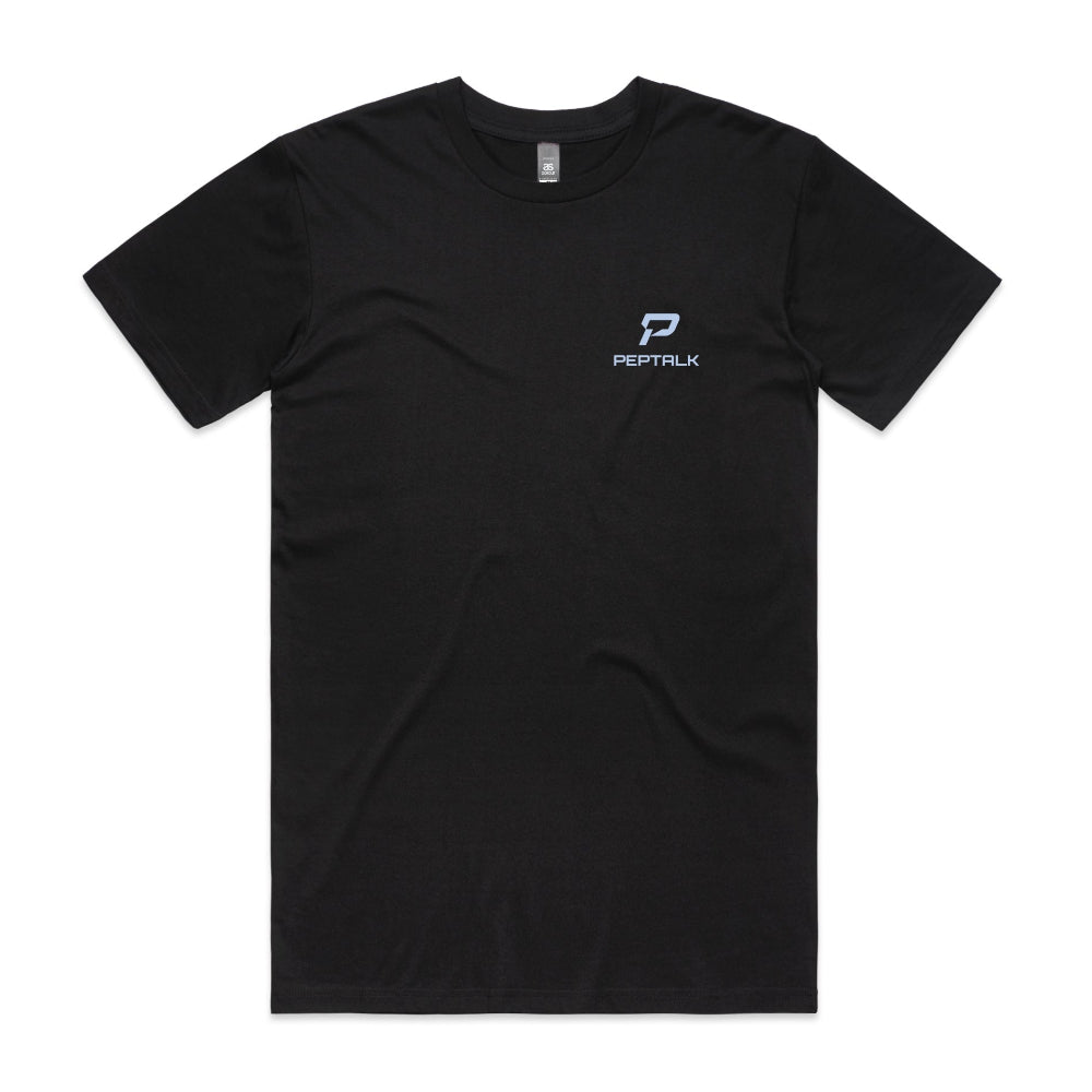 Black men's t-shirt with blue portrait PepTalk logo on white background