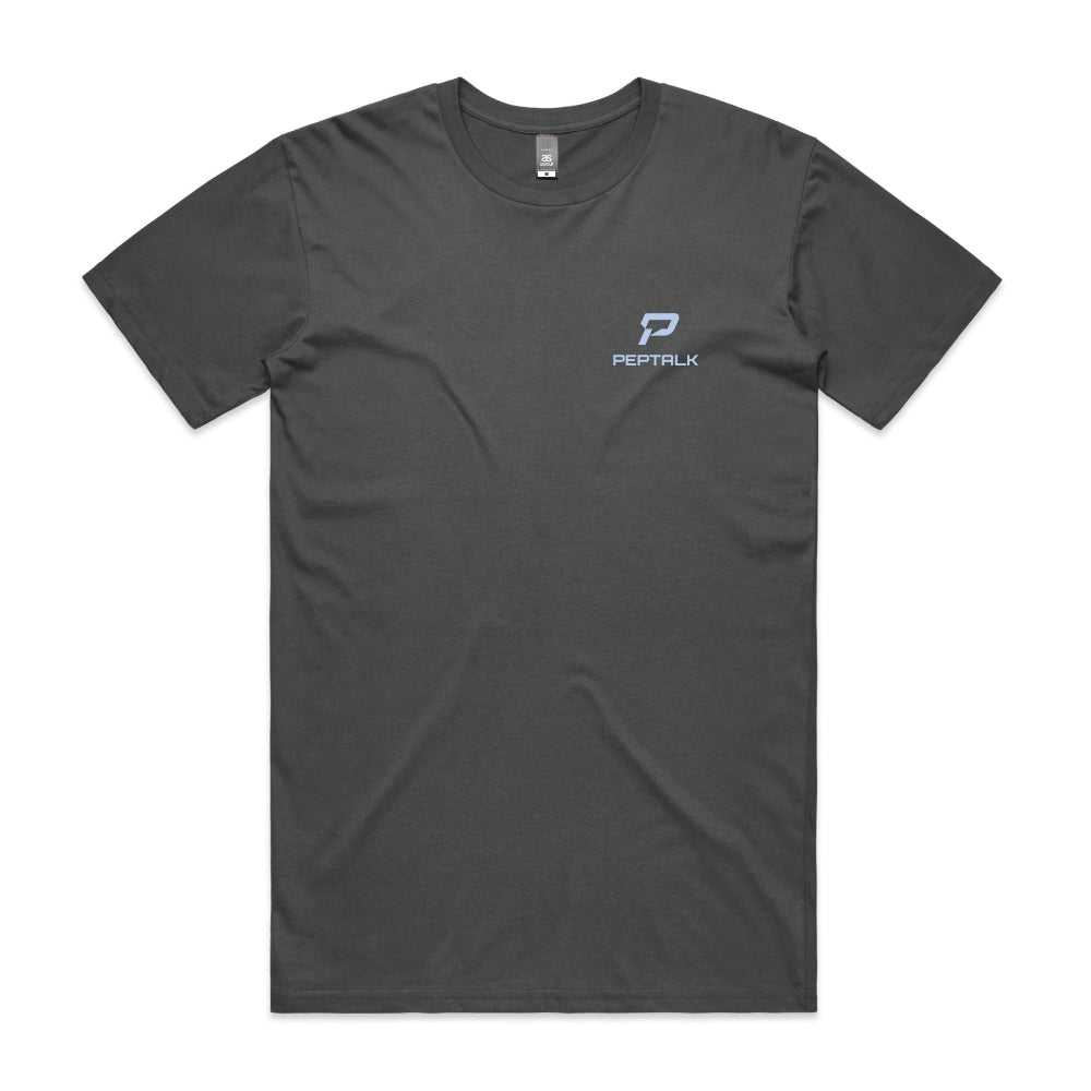 Charcoal men's t-shirt with blue portrait PepTalk logo on white background