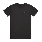 Coal colour men's t-shirt with blue portrait PepTalk logo on white background