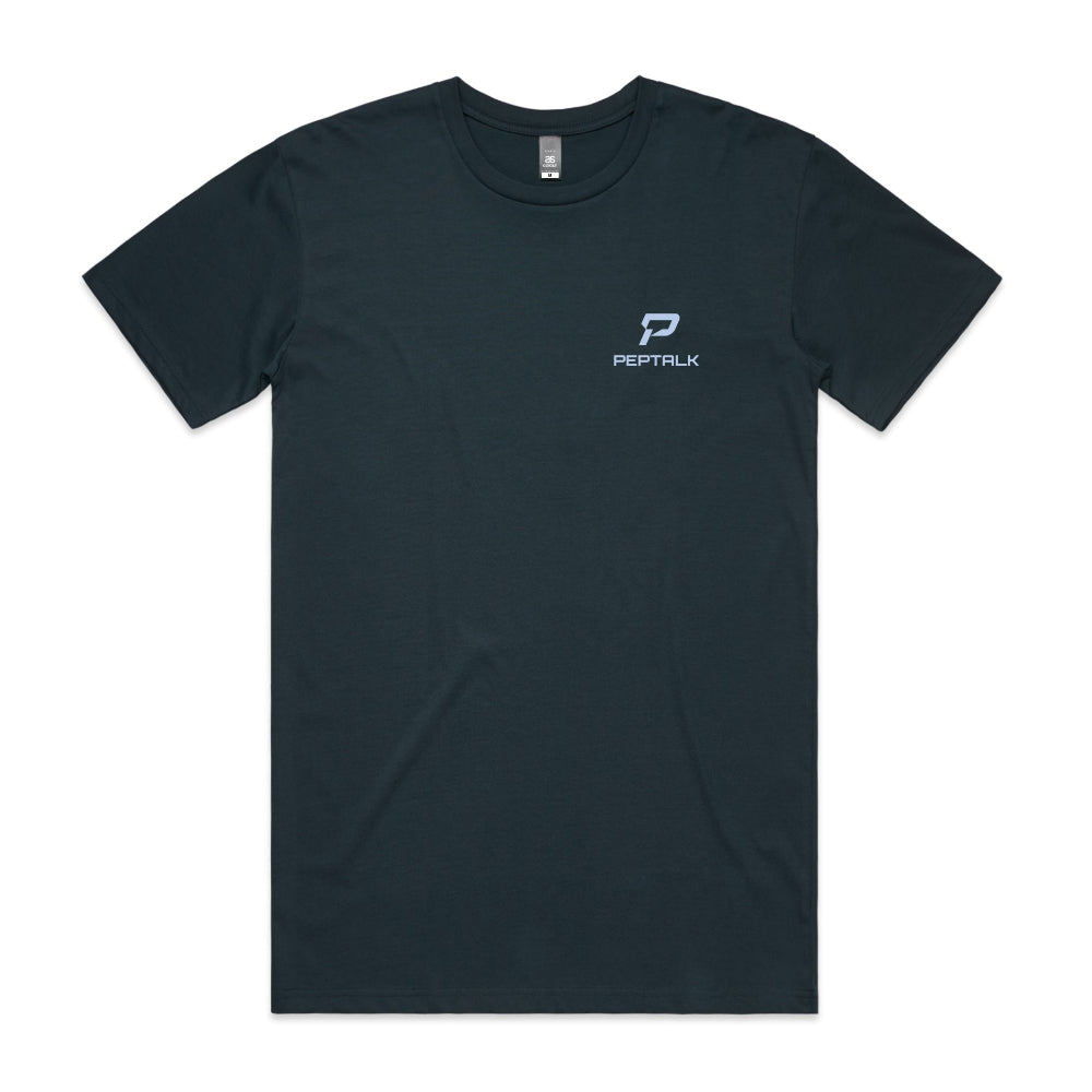 Indigo men's t-shirt with blue portrait PepTalk logo on white background
