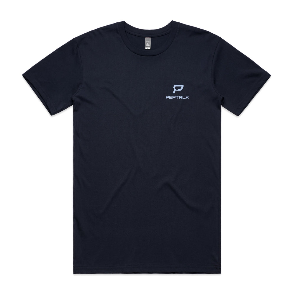 Navy men's t-shirt with blue portrait PepTalk logo on white background