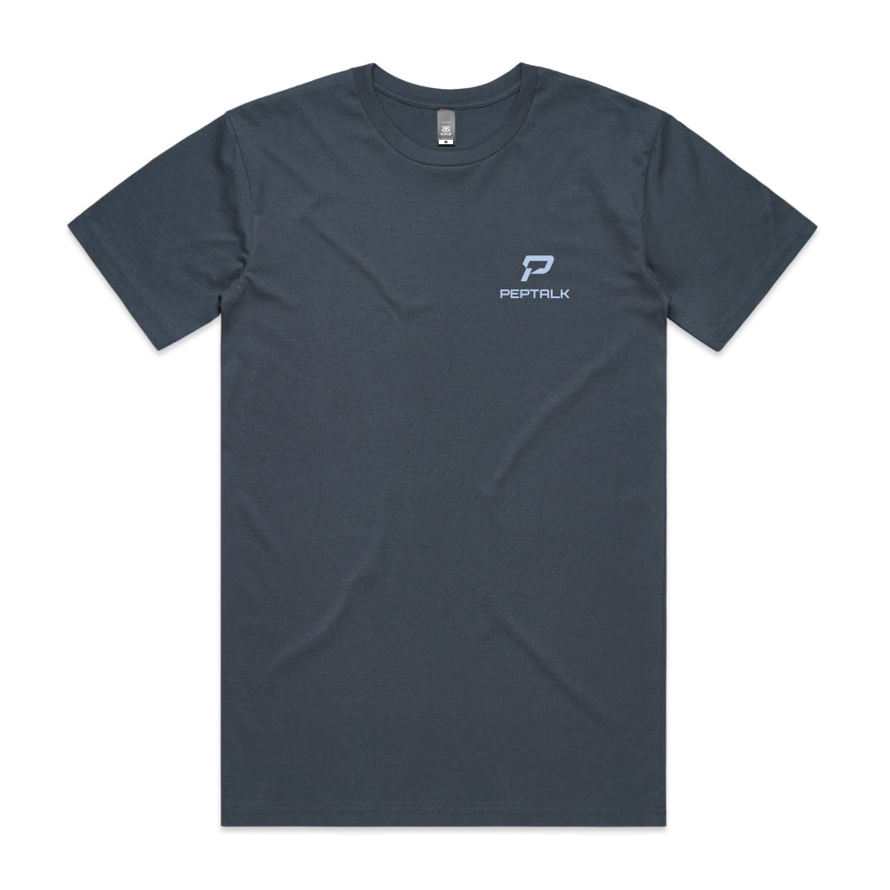 Petrol blue men's t-shirt with blue portrait PepTalk logo on white background