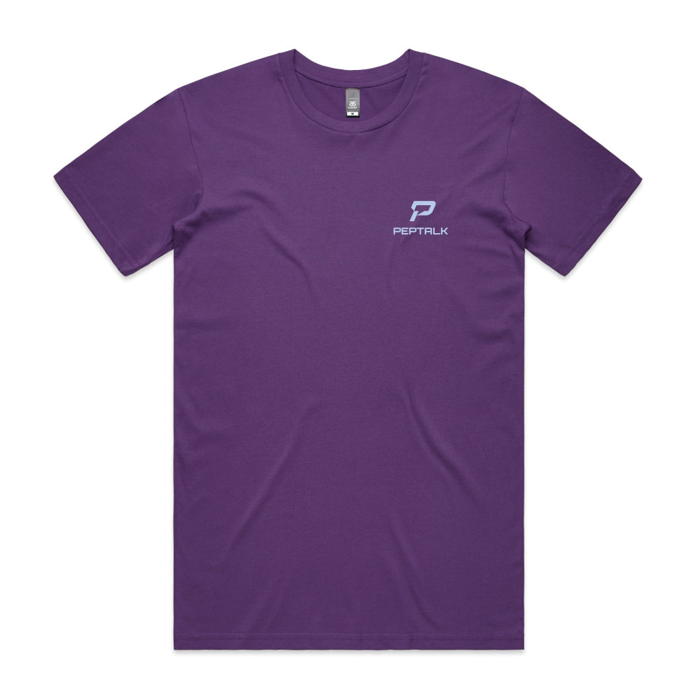 Purple men's t-shirt with blue portrait PepTalk logo on white background