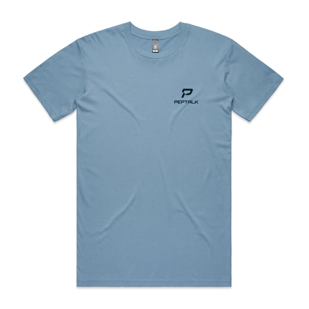 Carolina blue men's t-shirt with navy portrait PepTalk logo on white background