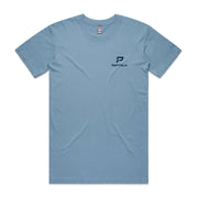 Carolina blue men's t-shirt with navy portrait PepTalk logo on white background