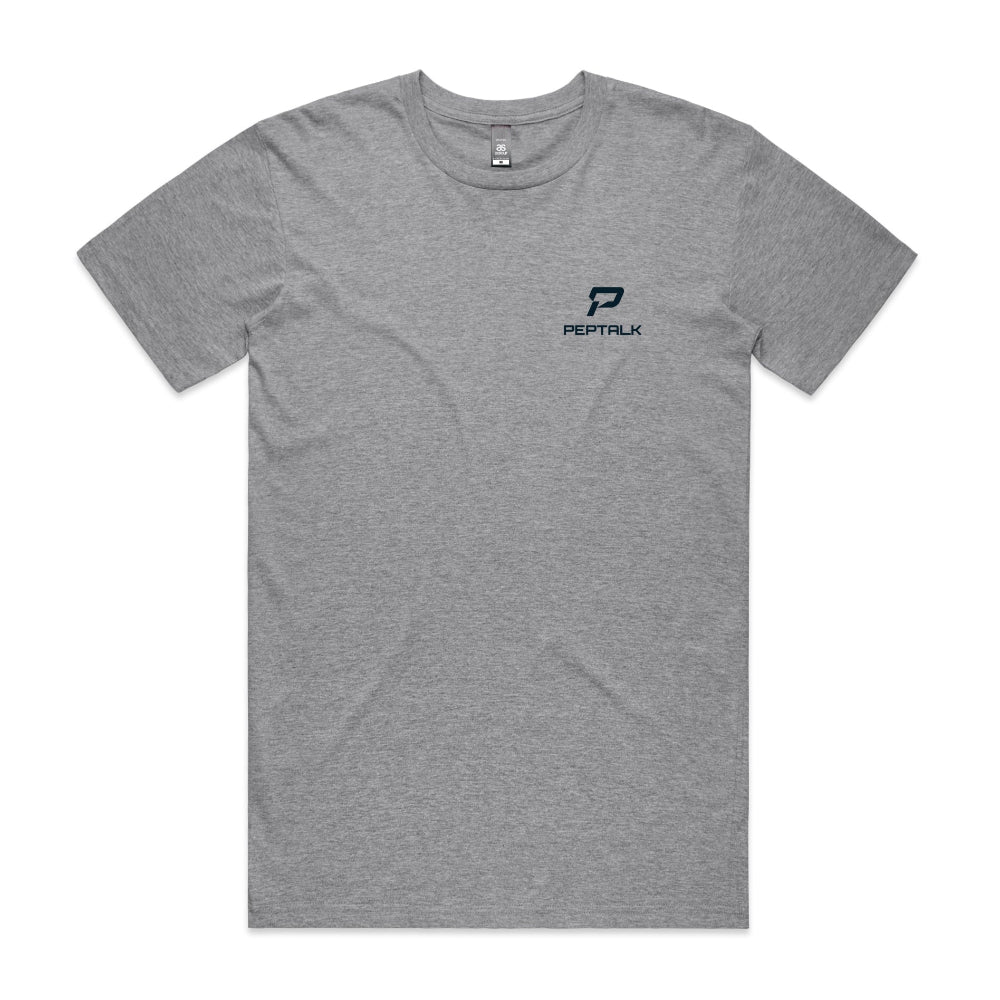 Grey marle men's t-shirt with navy portrait PepTalk logo on white background