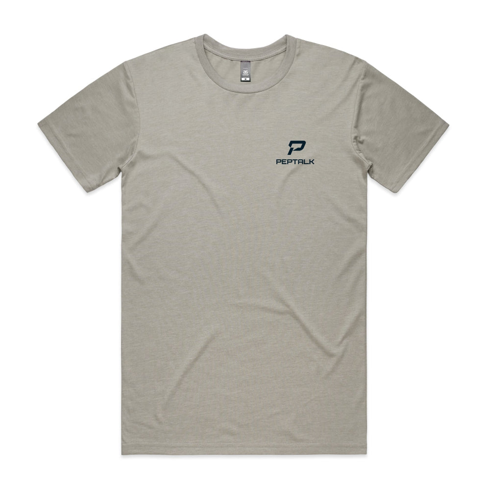 Light grey men's t-shirt with navy portrait PepTalk logo on white background
