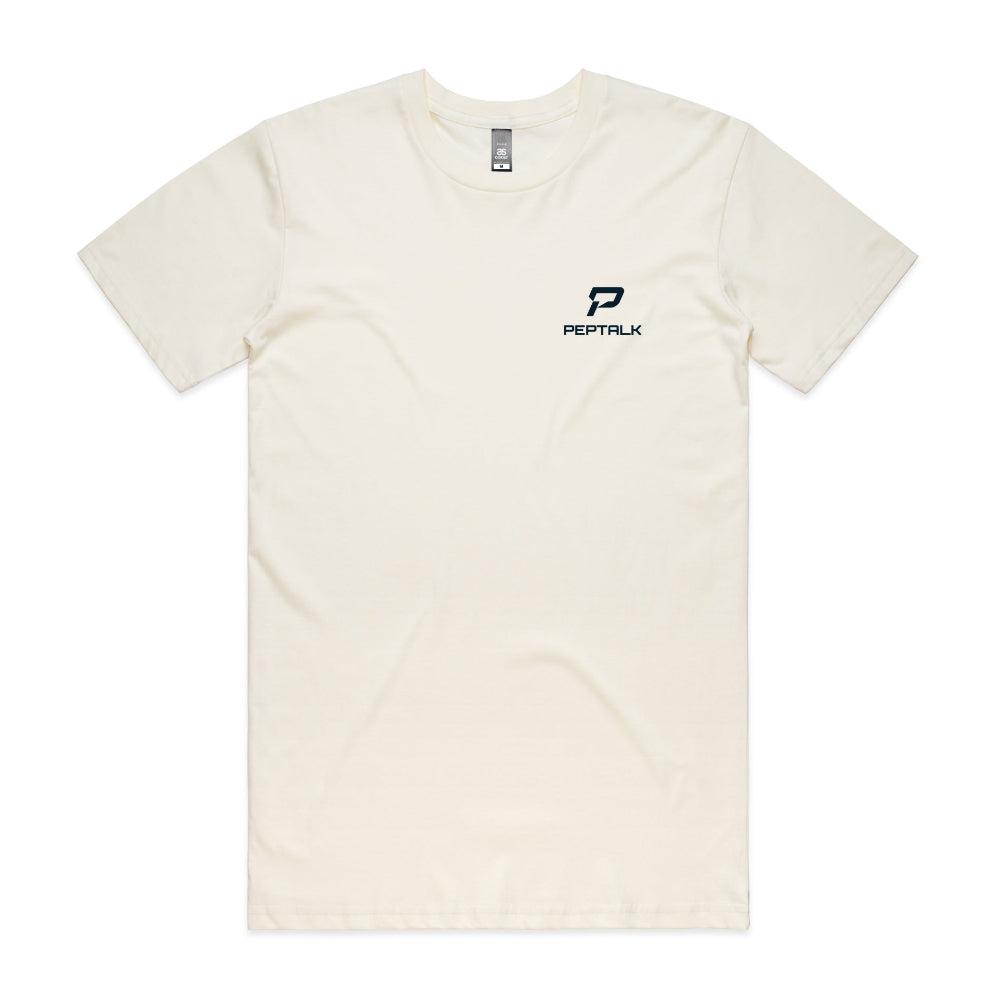 Natural colour men's t-shirt with navy portrait PepTalk logo on white background