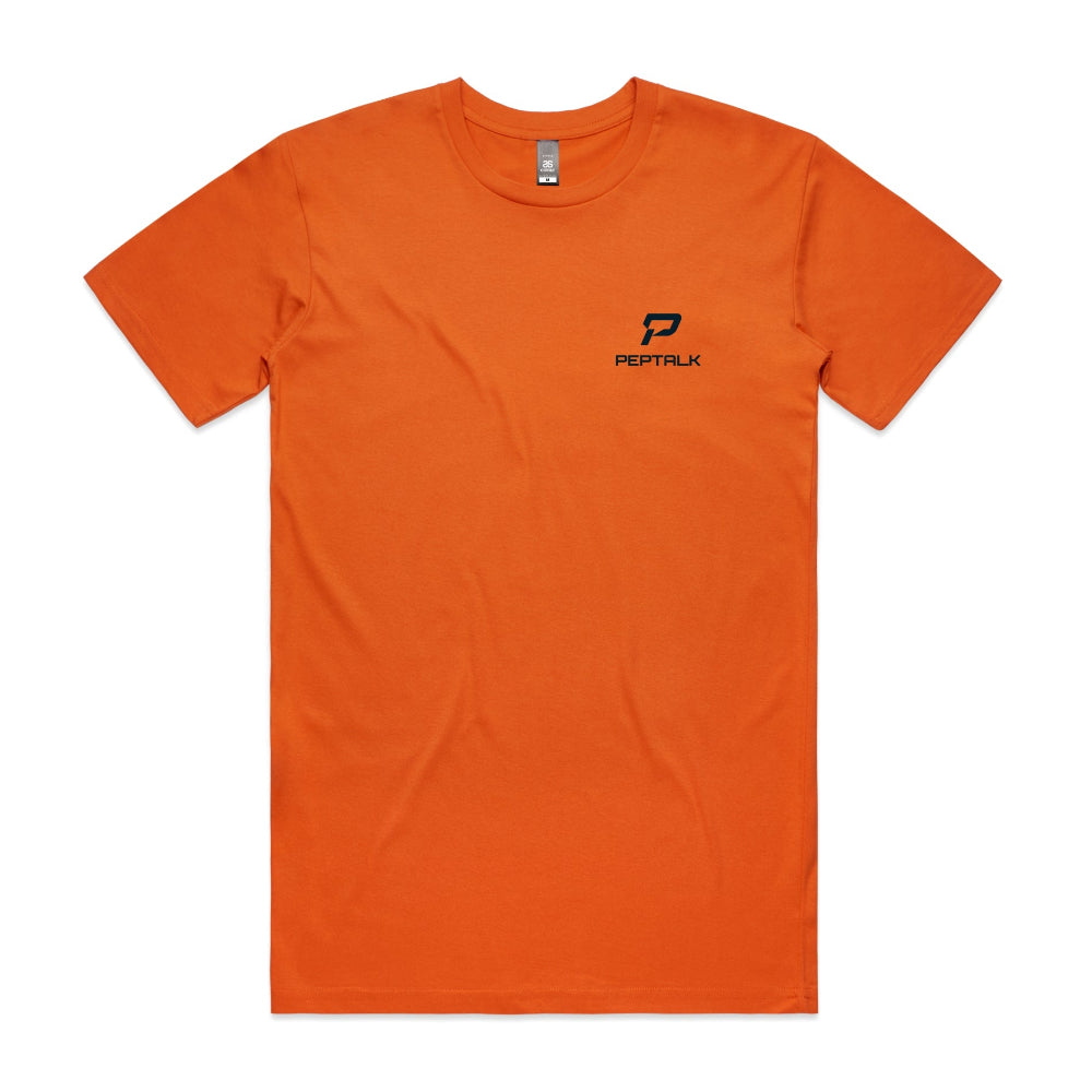Orange men's t-shirt with navy portrait PepTalk logo on white background