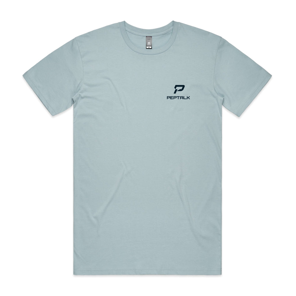 Pale blue men's t-shirt with navy portrait PepTalk logo on white background