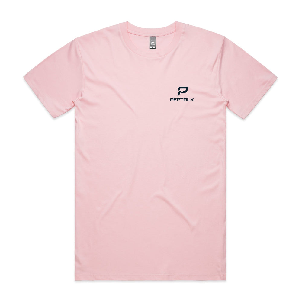 Pink men's t-shirt with navy portrait PepTalk logo on white background