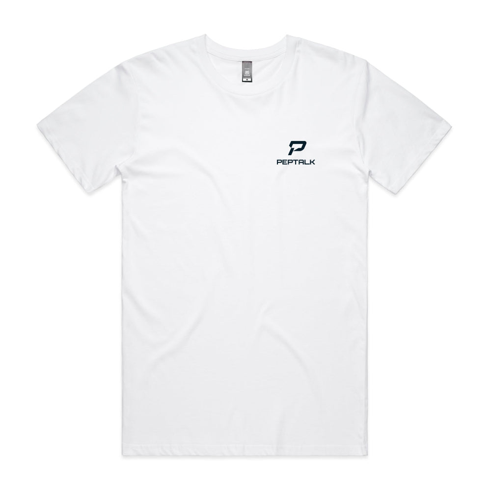 White men's t-shirt with navy portrait PepTalk logo on white background