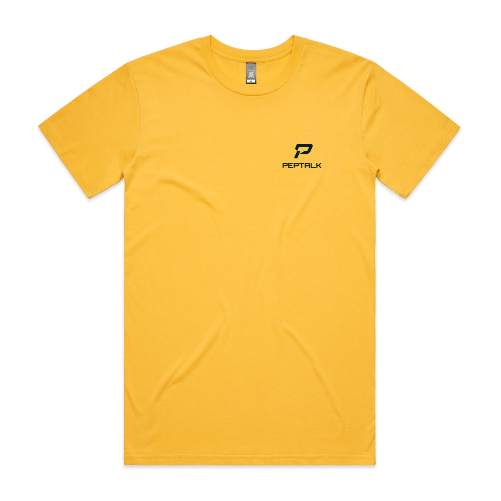 Yellow men's t-shirt with navy portrait PepTalk logo on white background