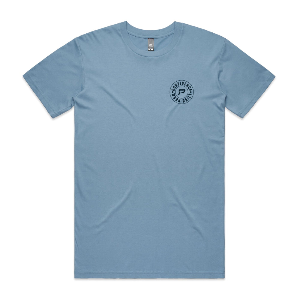 Carolina blue colour men's t-shirt with Confidence Worn Daily on a white background