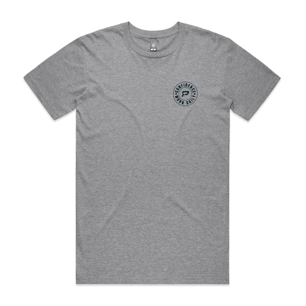 Gray men's t-shirt with Confidence Worn Daily design on the chest against a white background