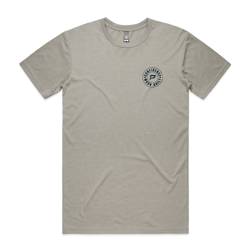 Light grey men's t-shirt with Confidence Worn Daily design on a white background