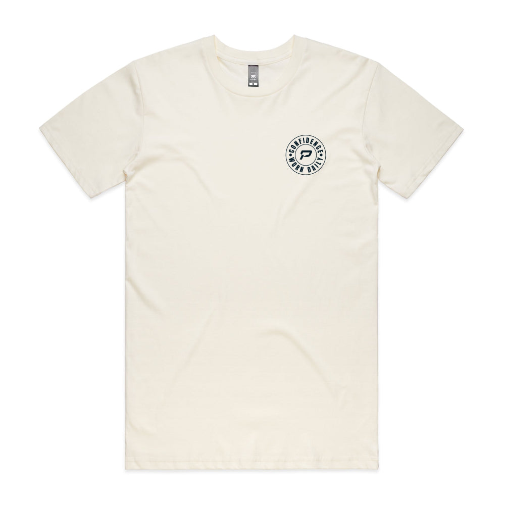 Natural colour men's t-shirt with Confidence Worn Daily design on a white background