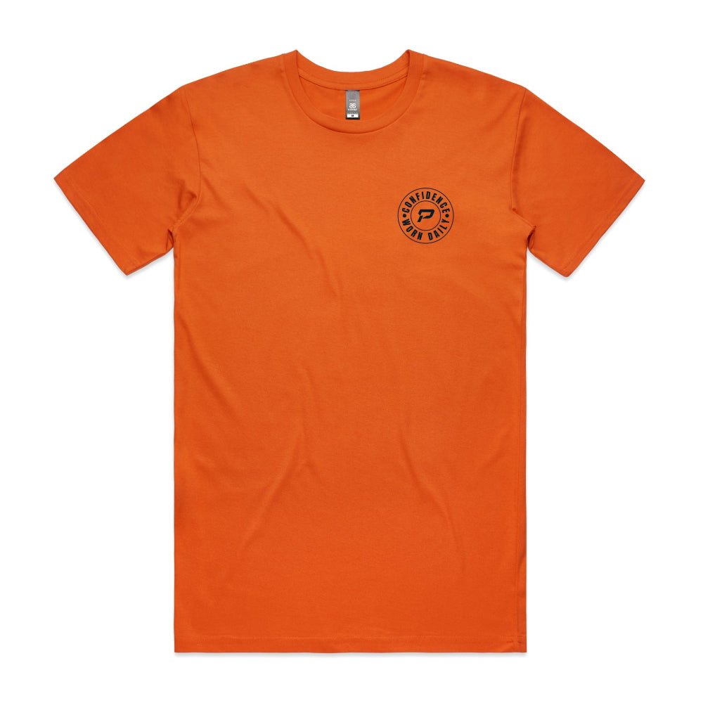 Orange men's t-shirt with Confidence Worn Daily design against a white background