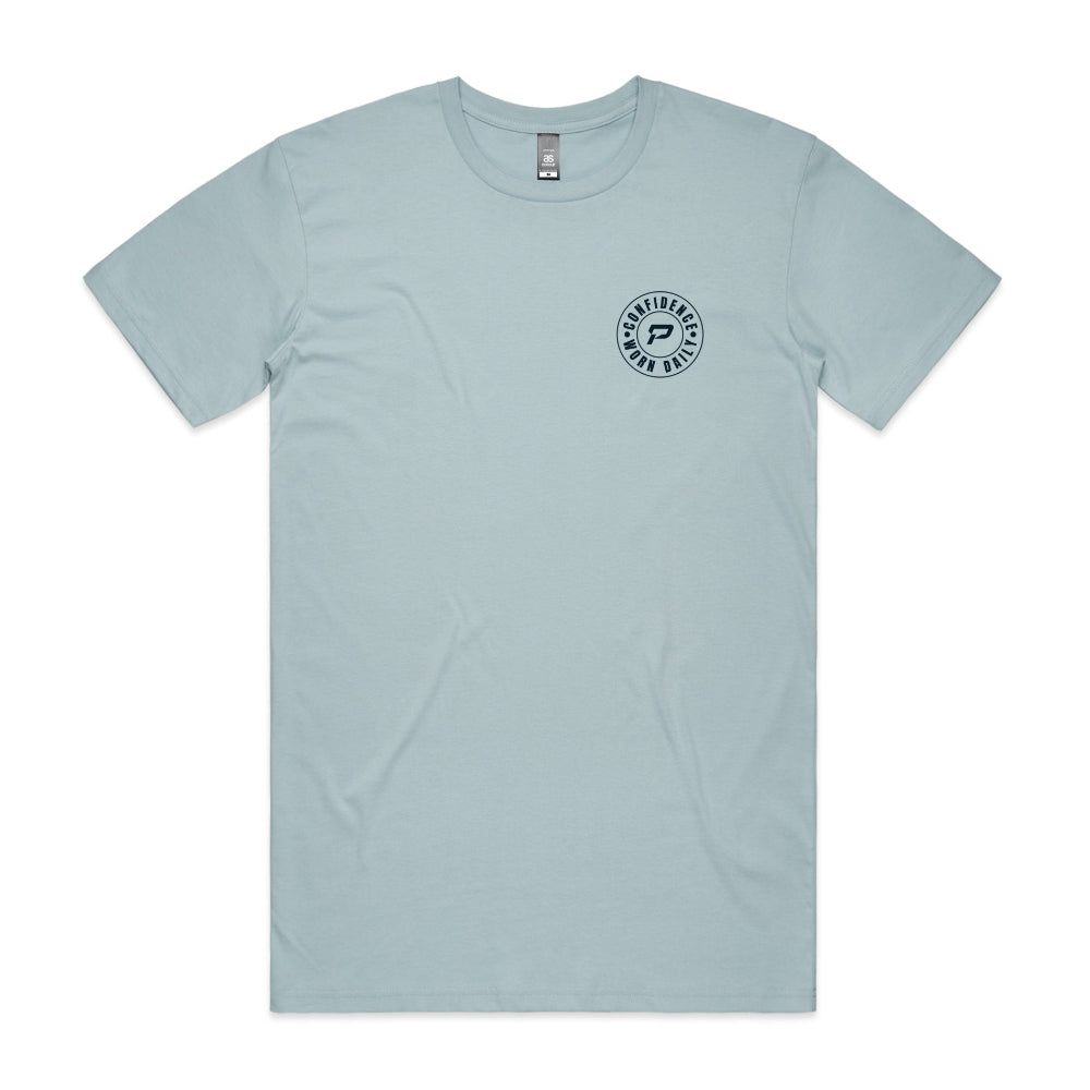 Pale blue men's t-shirt with Confidence Worn Daily design on a white background