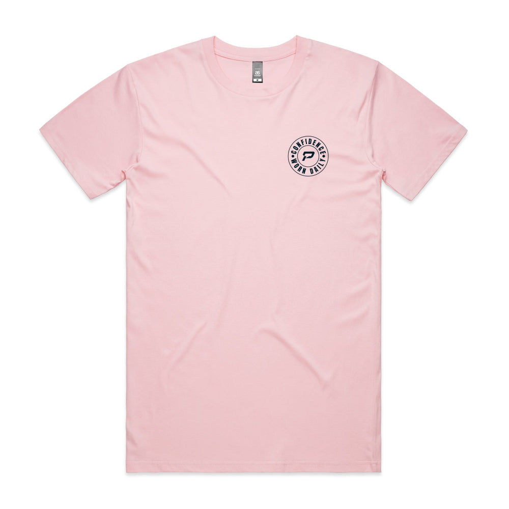 Pink men's t-shirt with Confidence Worn Daily on a white background