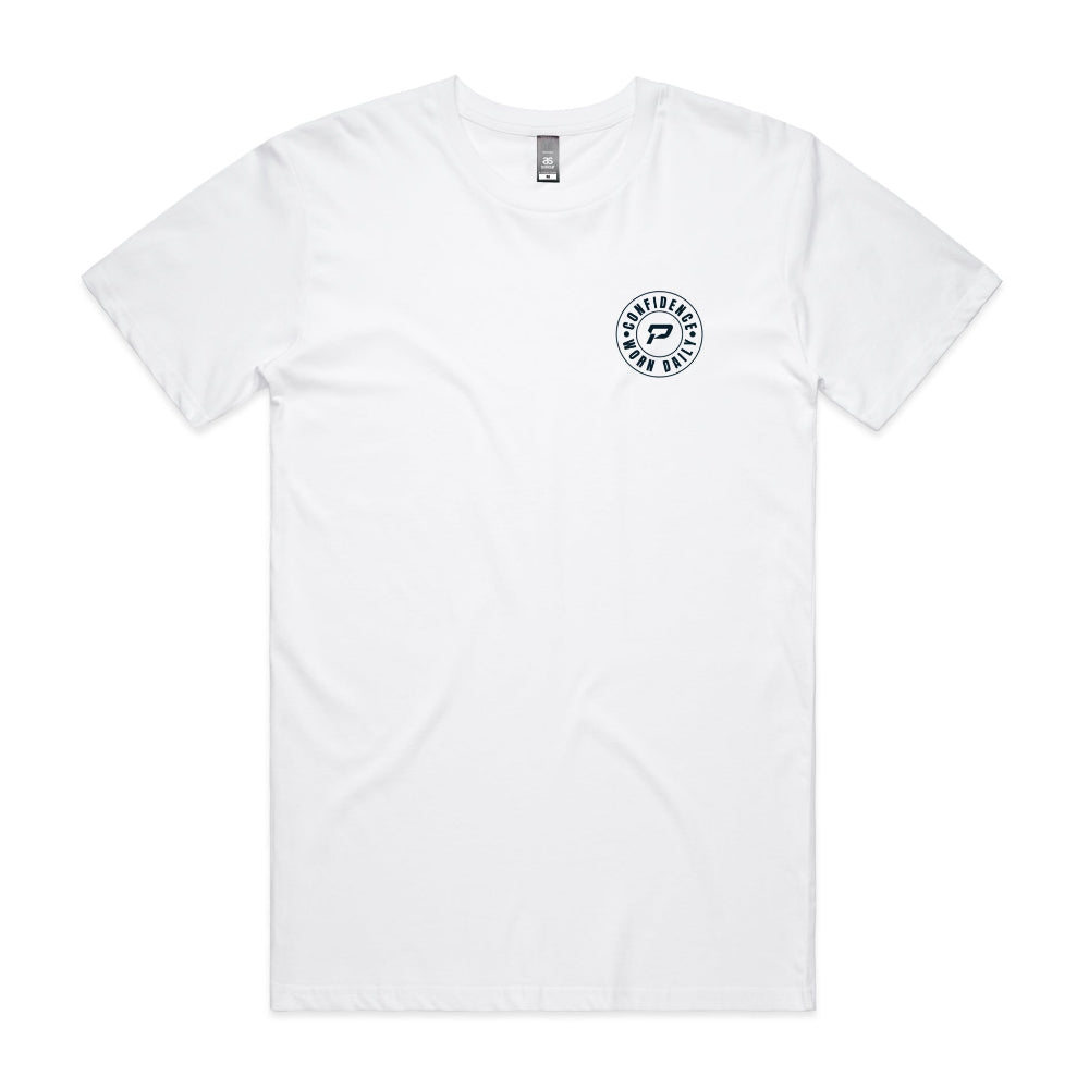 White men's t-shirt with Confidence Worn Daily design on a white background