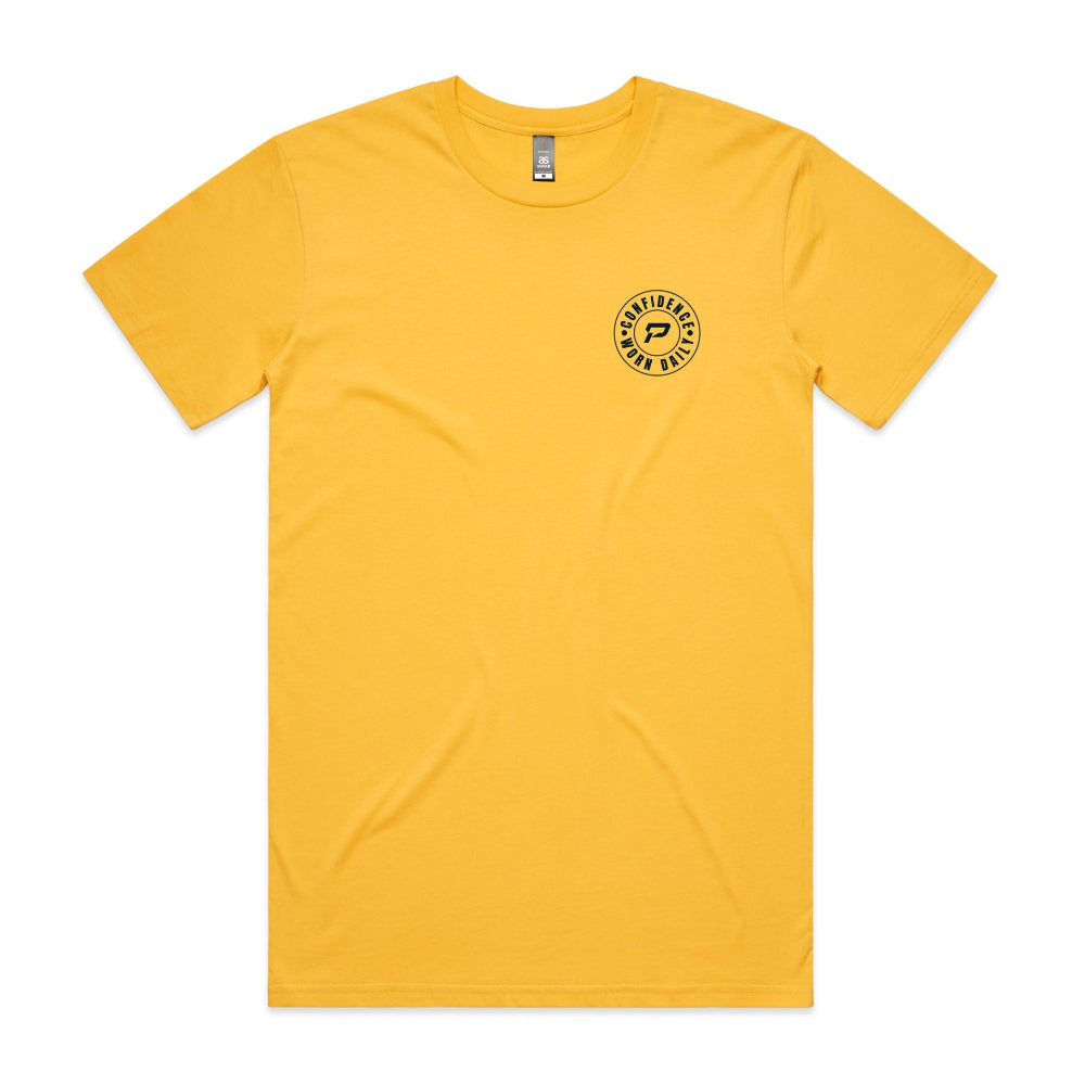 Yellow men's t-shirt with Confidence Worn Daily on a white background