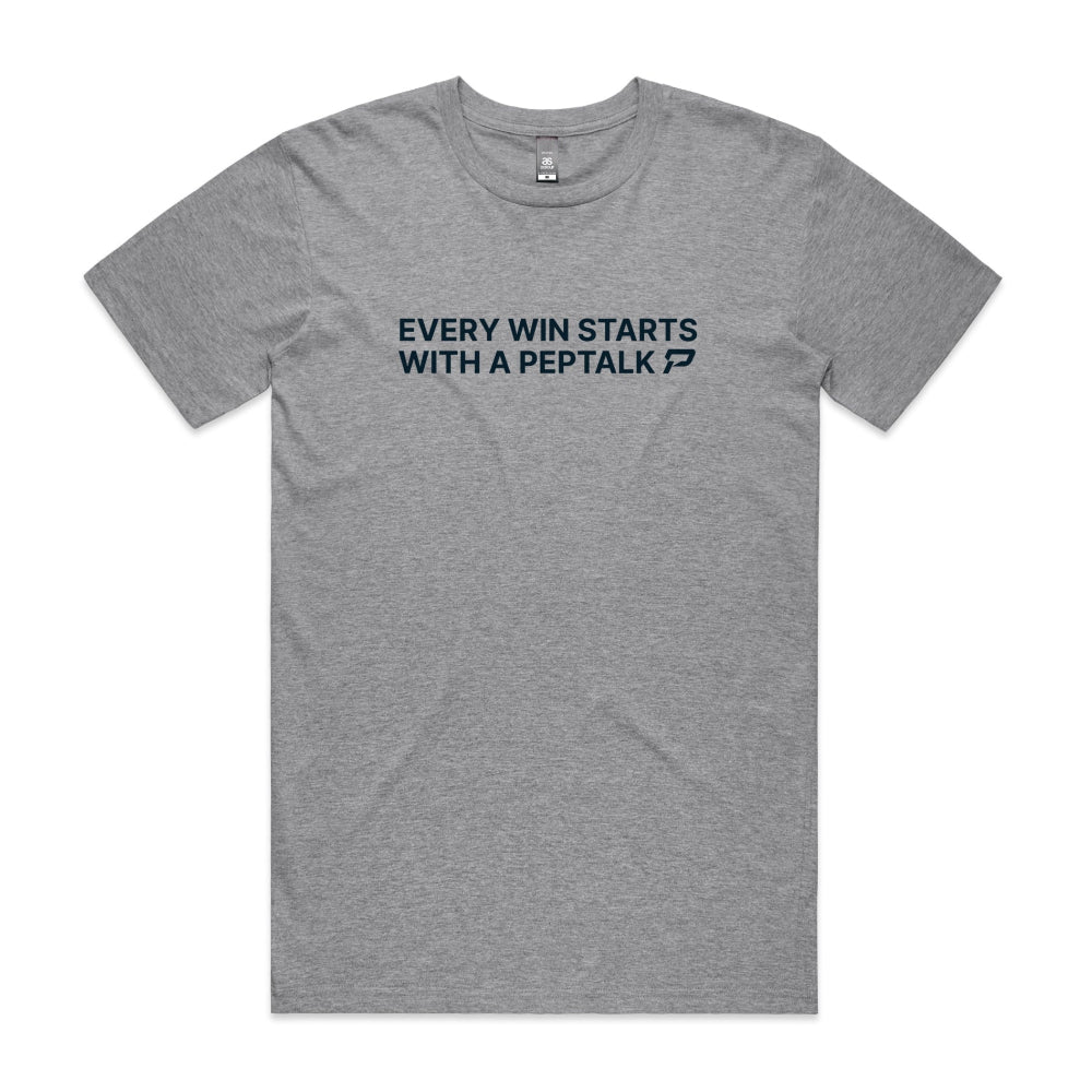 Grey Marle men's tshirt with Every Win Starts With A PepTalk design on white background