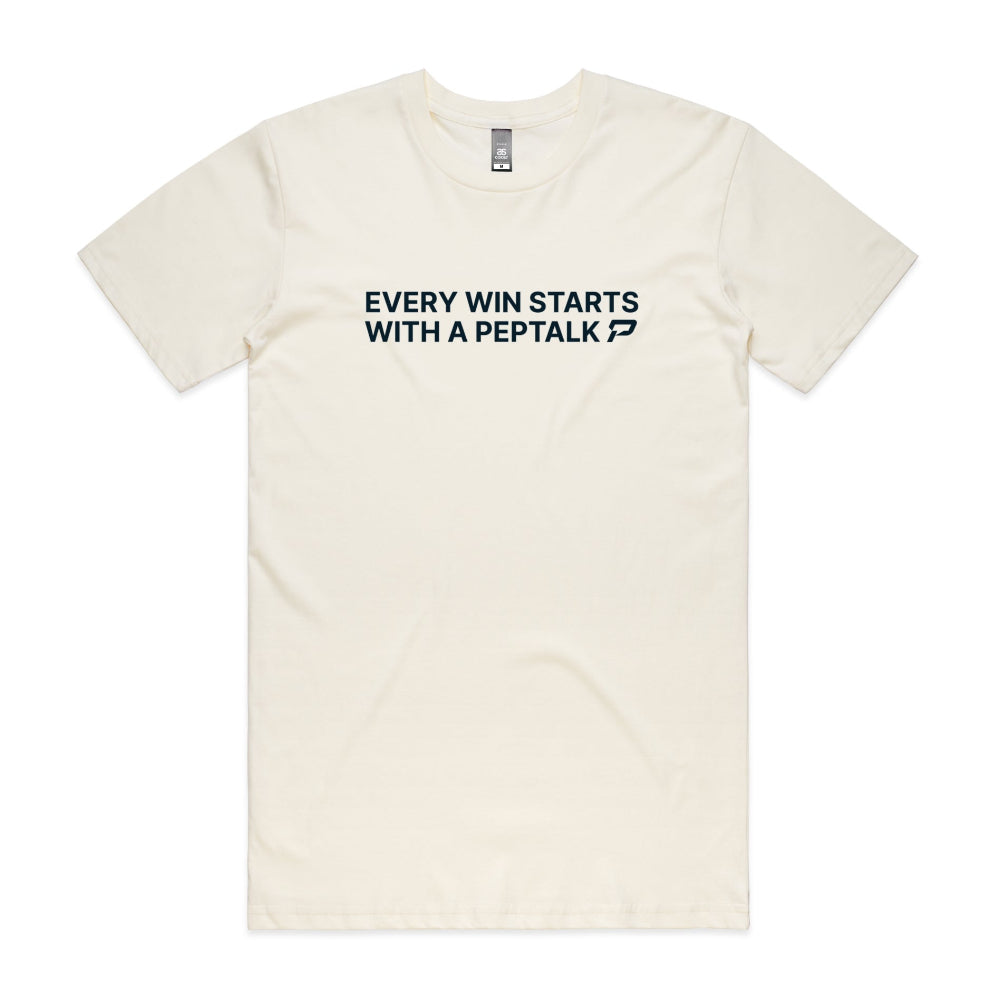 Natural colour men's tshirt with Every Win Starts With A PepTalk design on white background