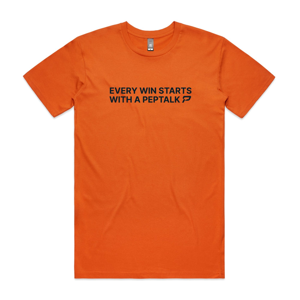 Orange men's tshirt with Every Win Starts With A PepTalk design on white background