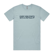 Pale blue men's tshirt with Every Win Starts With A PepTalk design on white background