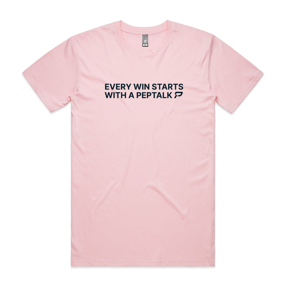 Pink men's tshirt with Every Win Starts With A PepTalk design on white background
