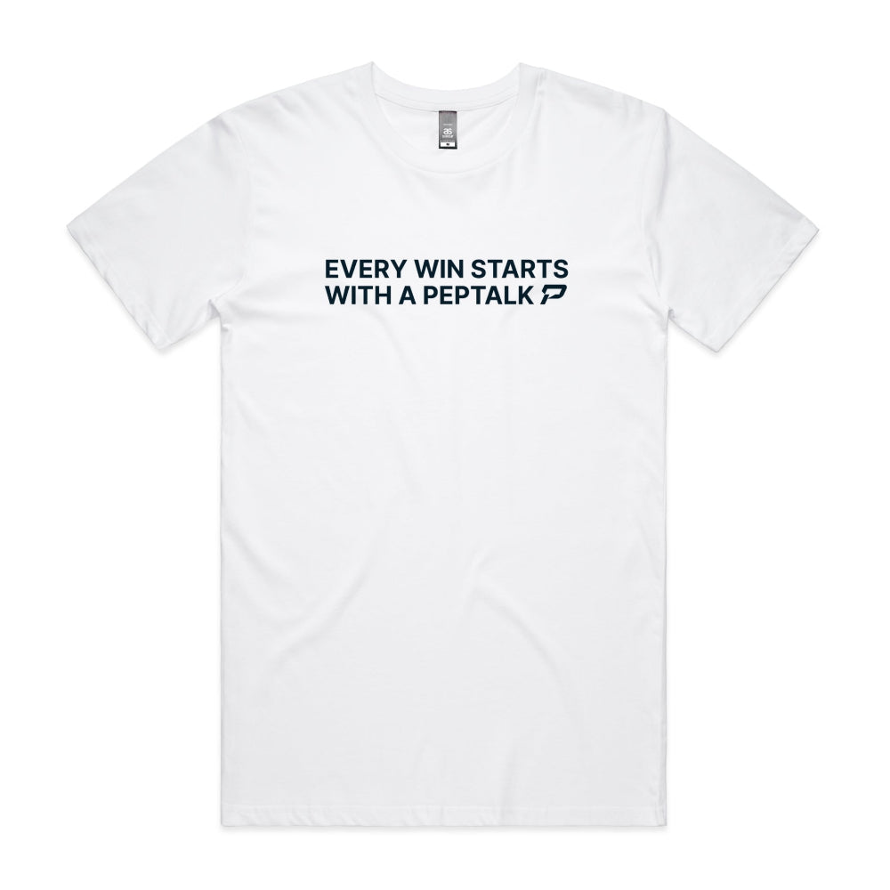 White men's tshirt with Every Win Starts With A PepTalk design on white background
