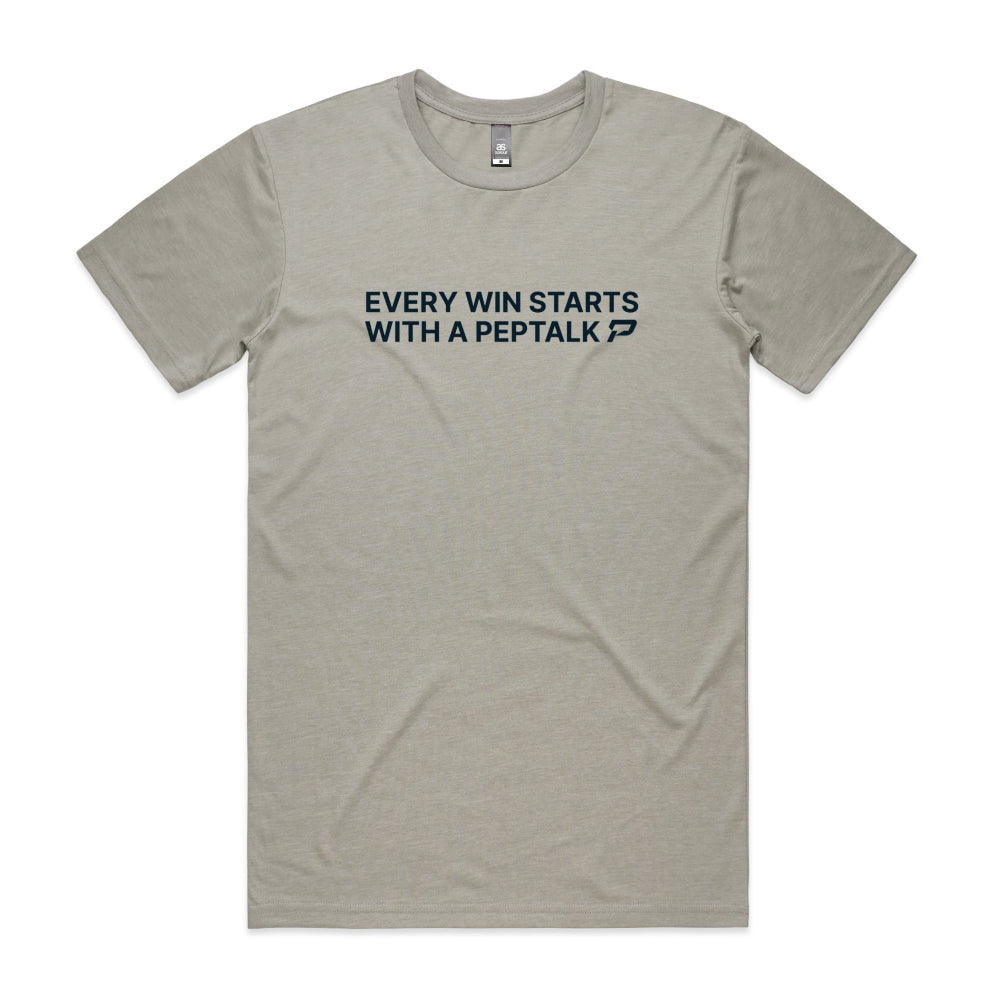 Light Grey men's tshirt with Every Win Starts With A PepTalk design on white background