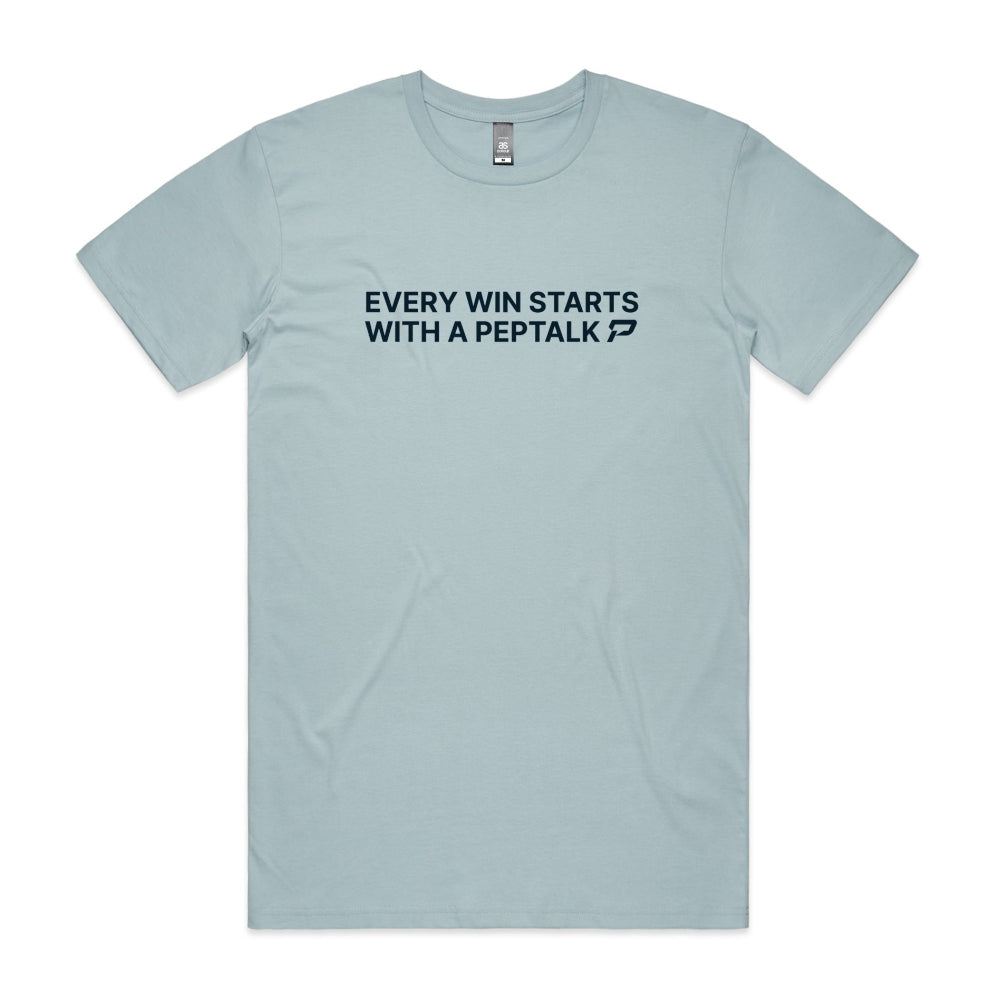 Pale blue men's tshirt with Every Win Starts With A PepTalk design on white background