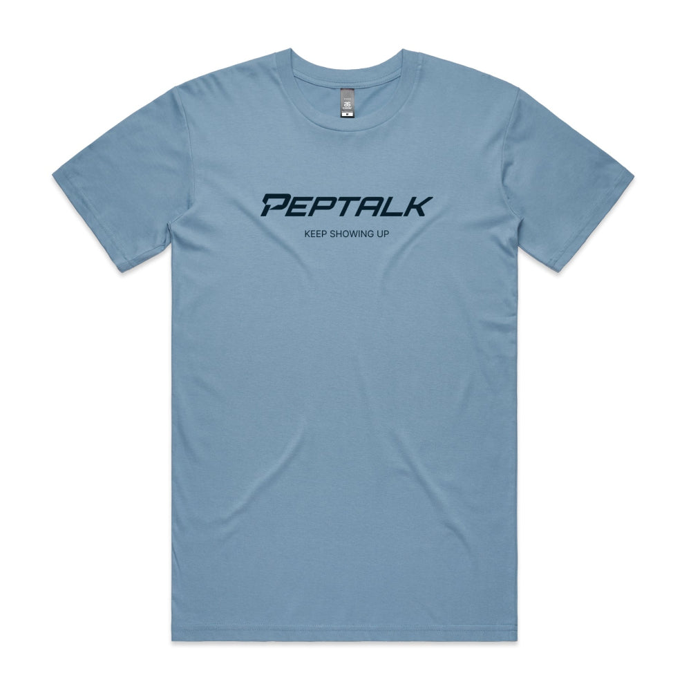 Carolina blue men's tshirt with PepTalk logo and Keep Showing Up design on white background