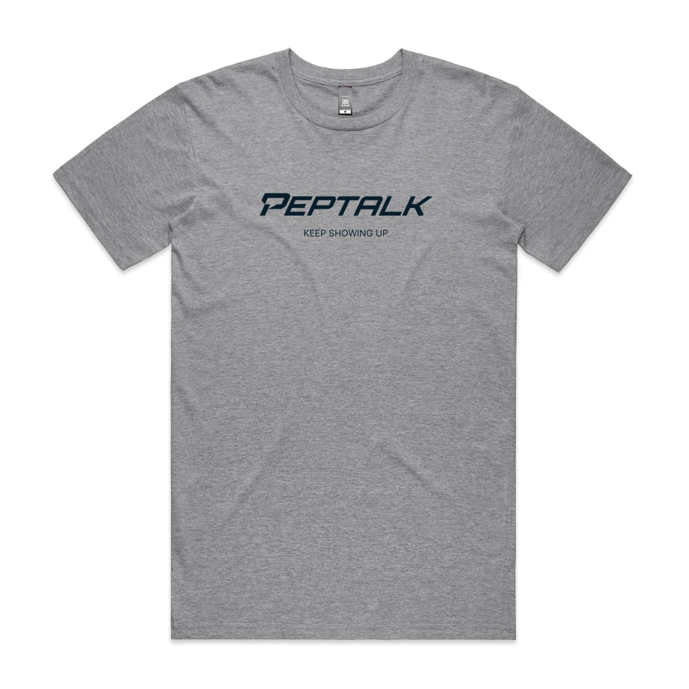 Grey Marle men's tshirt with PepTalk logo and Keep Showing Up design on white background