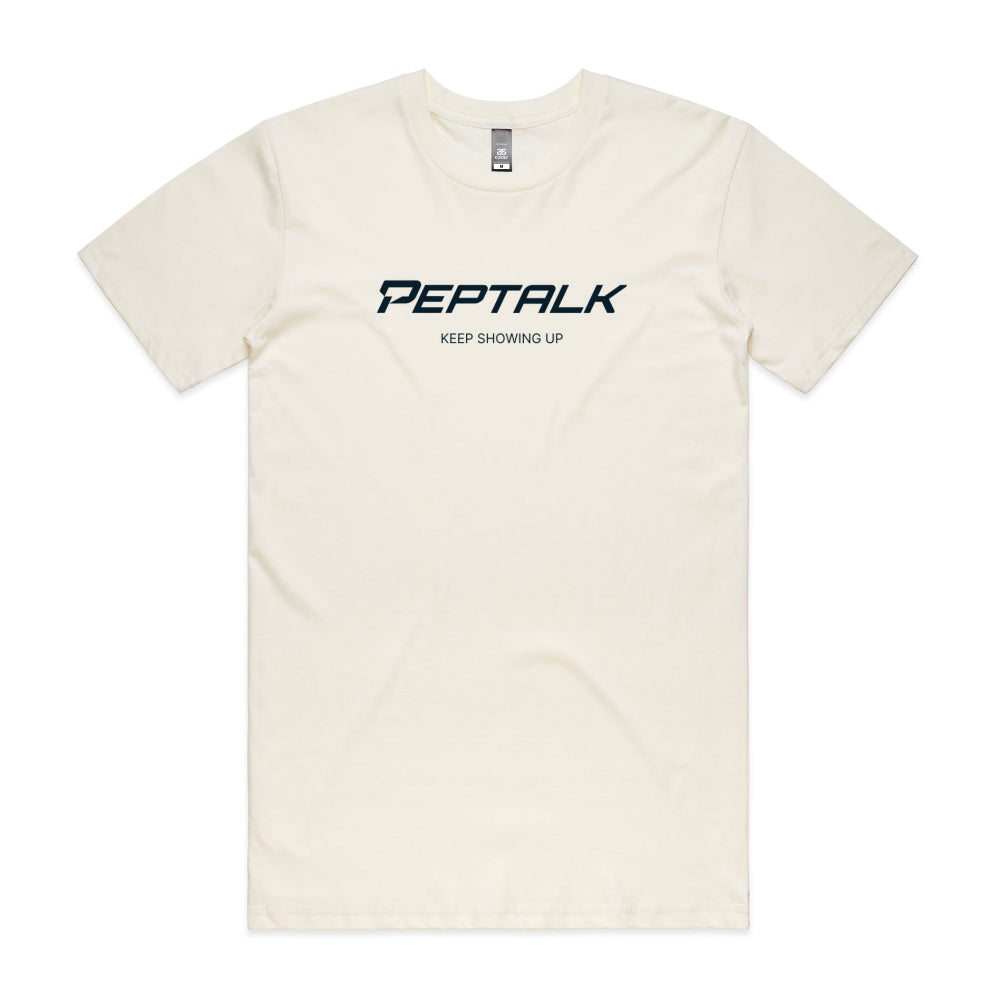 Natural colour men's tshirt with PepTalk logo and Keep Showing Up design on white background