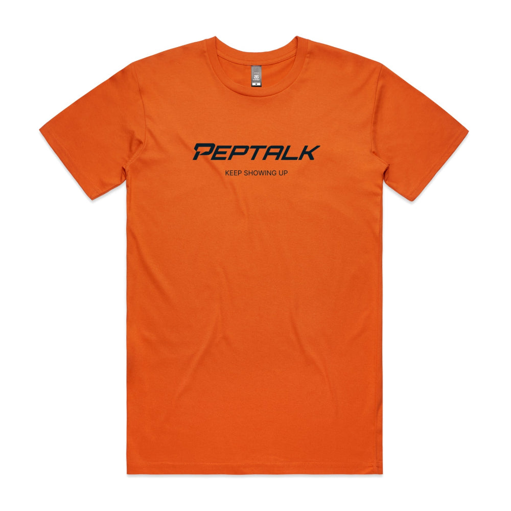 Orange men's tshirt with PepTalk logo and Keep Showing Up design on white background