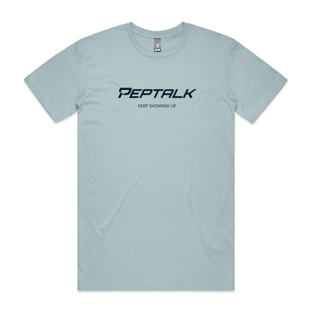 Pale blue men's tshirt with PepTalk logo and Keep Showing Up design on white background