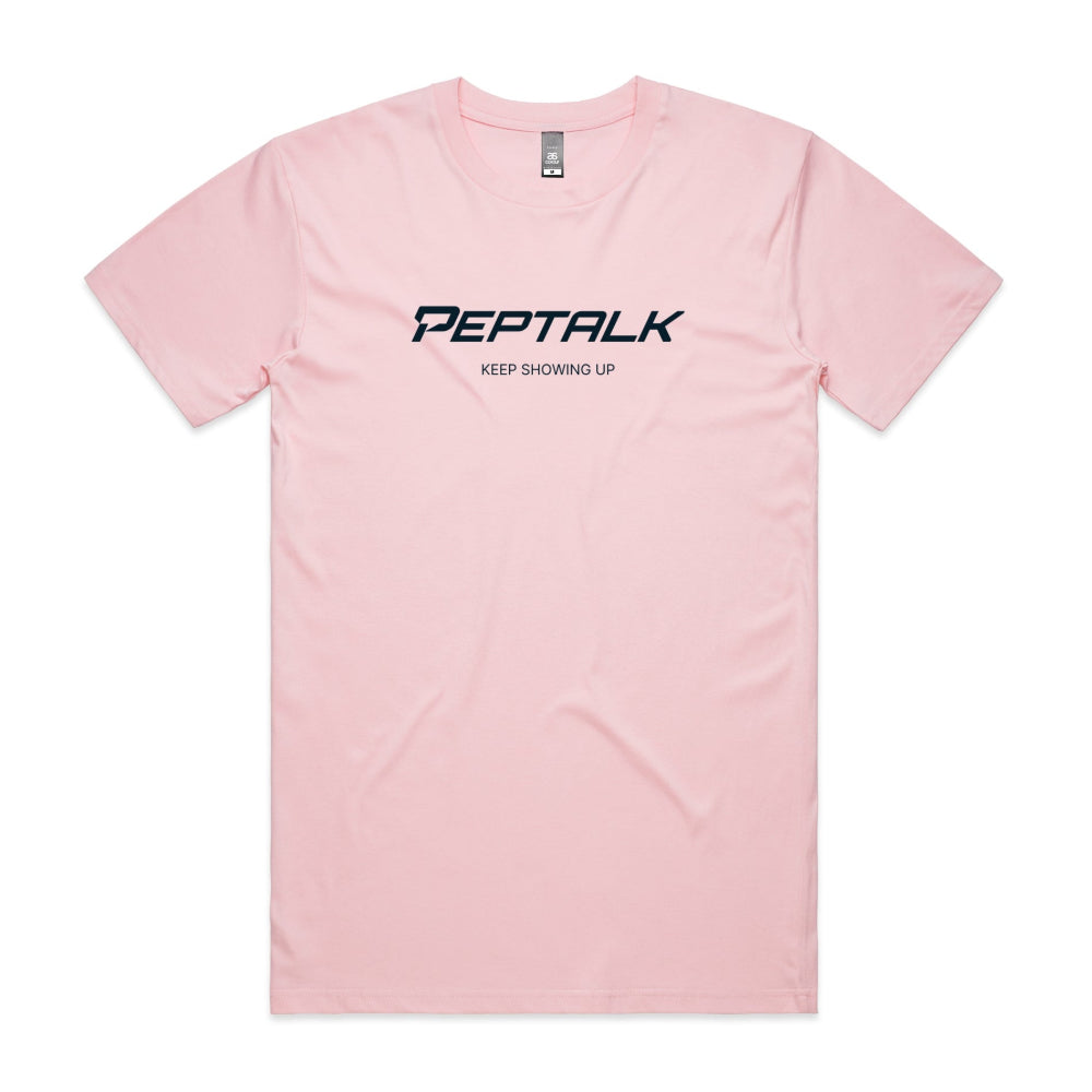 Pink men's tshirt with PepTalk logo and Keep Showing Up design on white background