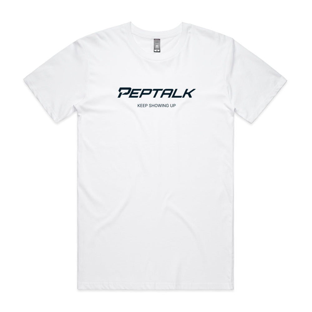 White men's tshirt with PepTalk logo and Keep Showing Up design on white background